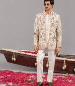 Ivory georgette embroidered jodhpuri set for mens