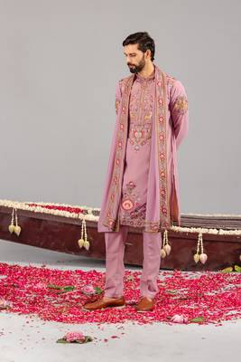 Pink georgette embroidered kurta set for mens 4