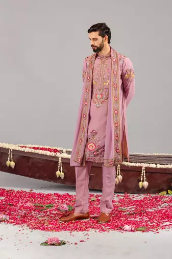 Pink georgette embroidered kurta set for mens