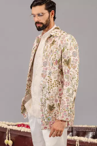 Ivory georgette embroidered jodhpuri set for mens