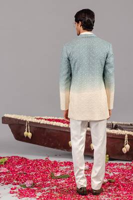 Blue and ivory georgette embroidered jodhpuri set for mens 4