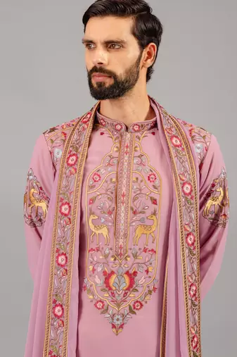 Pink georgette embroidered kurta set for mens
