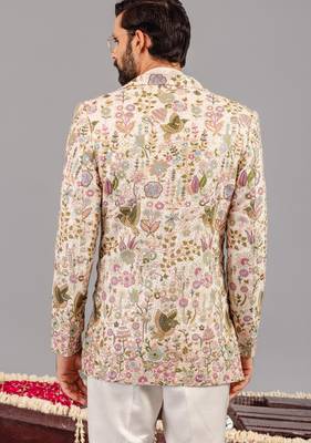 Ivory georgette embroidered jodhpuri set for mens 4