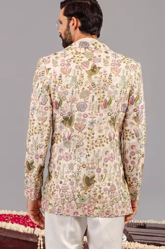 Ivory georgette embroidered jodhpuri set for mens