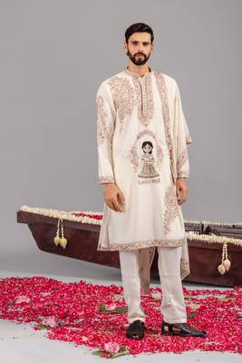 Cream georgette embroidered kurta set for mens 1