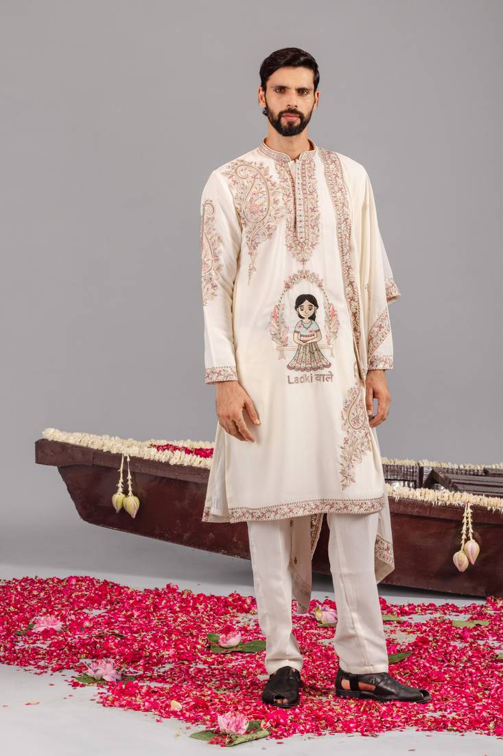 Cream georgette embroidered kurta set for mens