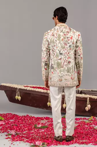 Ivory georgette embroidered jodhpuri set for mens