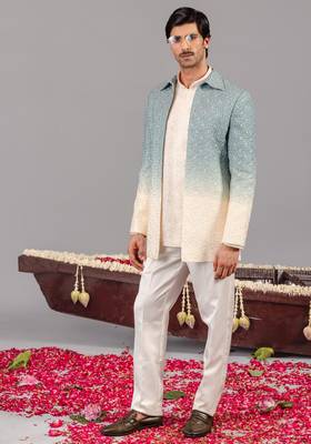 Blue and ivory georgette embroidered jodhpuri set for mens 5