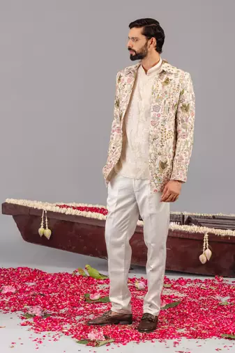 Ivory georgette embroidered jodhpuri set for mens