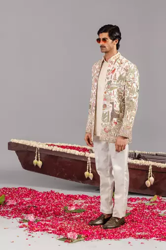Ivory georgette embroidered jodhpuri set for mens