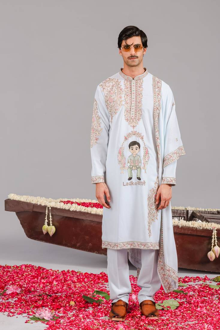 Sky blue georgette embroidered kurta set for mens