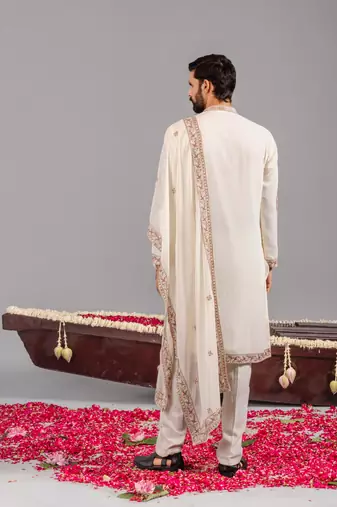 Cream georgette embroidered kurta set for mens