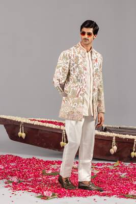 Ivory georgette embroidered jodhpuri set for mens 4