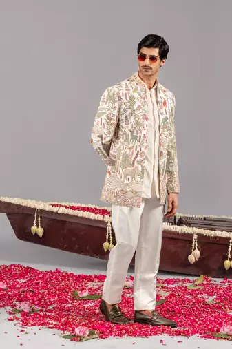 Ivory georgette embroidered jodhpuri set for mens