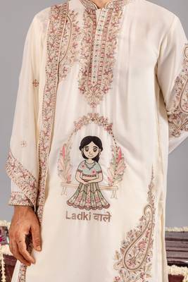 Cream georgette embroidered kurta set for mens 3