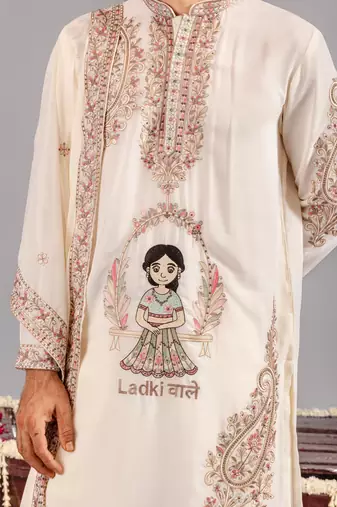 Cream georgette embroidered kurta set for mens