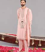 Pink georgette embroidered kurta set for mens