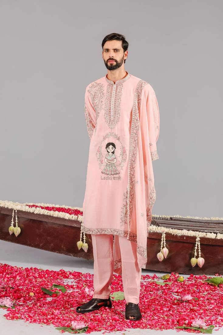 Pink georgette embroidered kurta set for mens