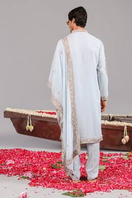 Sky blue georgette embroidered kurta set for mens 2