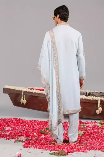 Sky blue georgette embroidered kurta set for mens