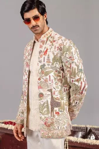 Ivory georgette embroidered jodhpuri set for mens