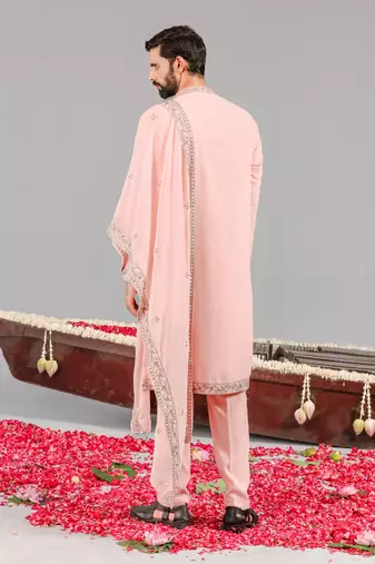 Pink georgette embroidered kurta set for mens