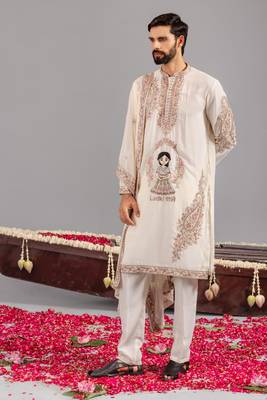 Cream georgette embroidered kurta set for mens 4