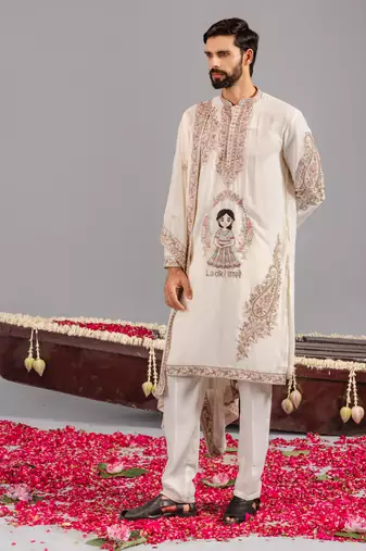 Cream georgette embroidered kurta set for mens