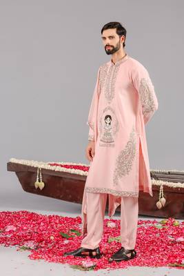 Pink georgette embroidered kurta set for mens 3