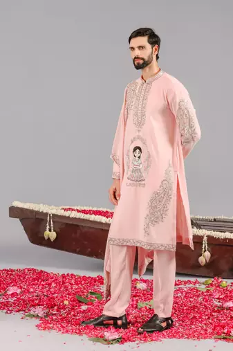 Pink georgette embroidered kurta set for mens