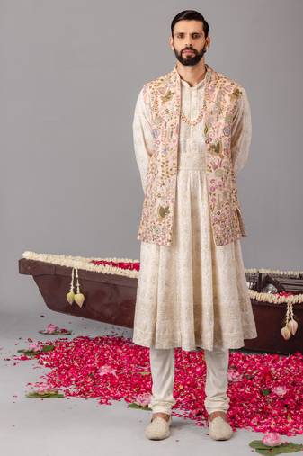 Ivory georgette embroidered anarkali jacket set for mens