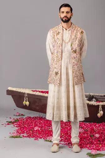 Ivory georgette embroidered anarkali jacket set for mens