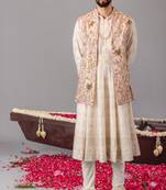 Ivory georgette embroidered anarkali jacket set for mens