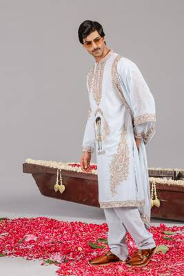 Sky blue georgette embroidered kurta set for mens 3