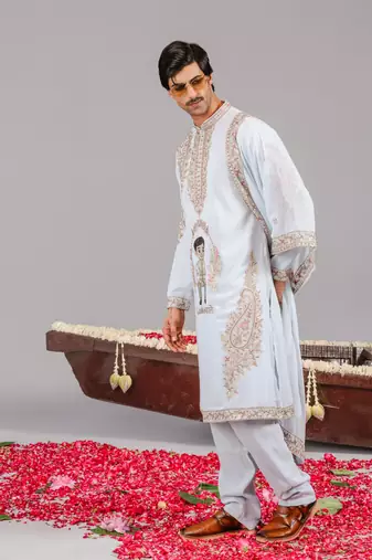 Sky blue georgette embroidered kurta set for mens
