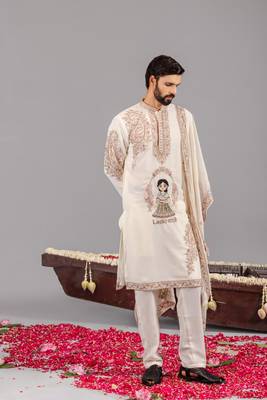 Cream georgette embroidered kurta set for mens 5