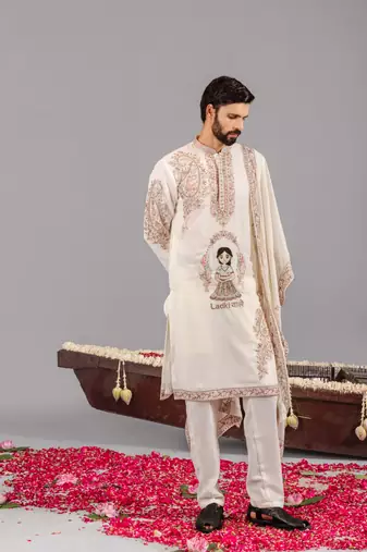 Cream georgette embroidered kurta set for mens