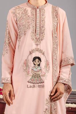 Pink georgette embroidered kurta set for mens 4
