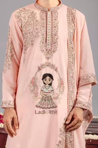 Pink georgette embroidered kurta set for mens