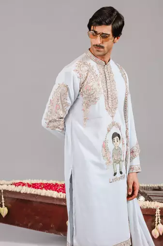 Sky blue georgette embroidered kurta set for mens
