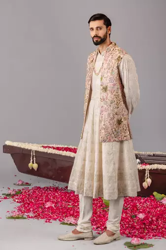 Ivory georgette embroidered anarkali jacket set for mens