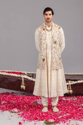 Ivory georgette embroidered anarkali jacket set for mens 1