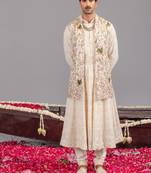 Ivory georgette embroidered anarkali jacket set for mens