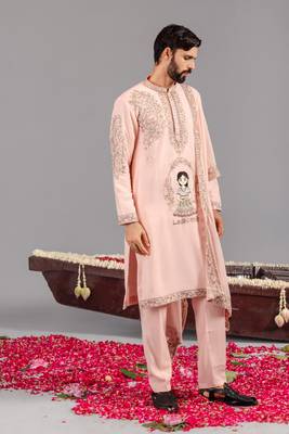 Pink georgette embroidered kurta set for mens 5