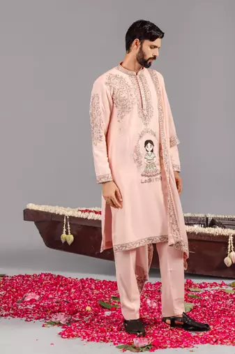 Pink georgette embroidered kurta set for mens
