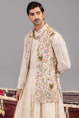 Ivory georgette embroidered anarkali jacket set for mens 2
