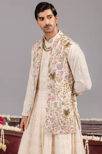 Ivory georgette embroidered anarkali jacket set for mens