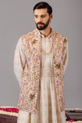 Ivory georgette embroidered anarkali jacket set for mens 3