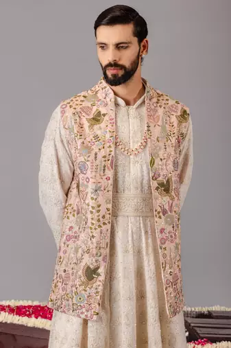 Ivory georgette embroidered anarkali jacket set for mens