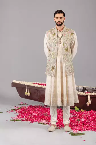 ivory georgette embroidered anarkali jacket set for mens